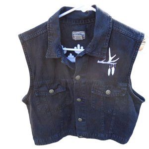 Women's Small Black Embroidered Denim Vest